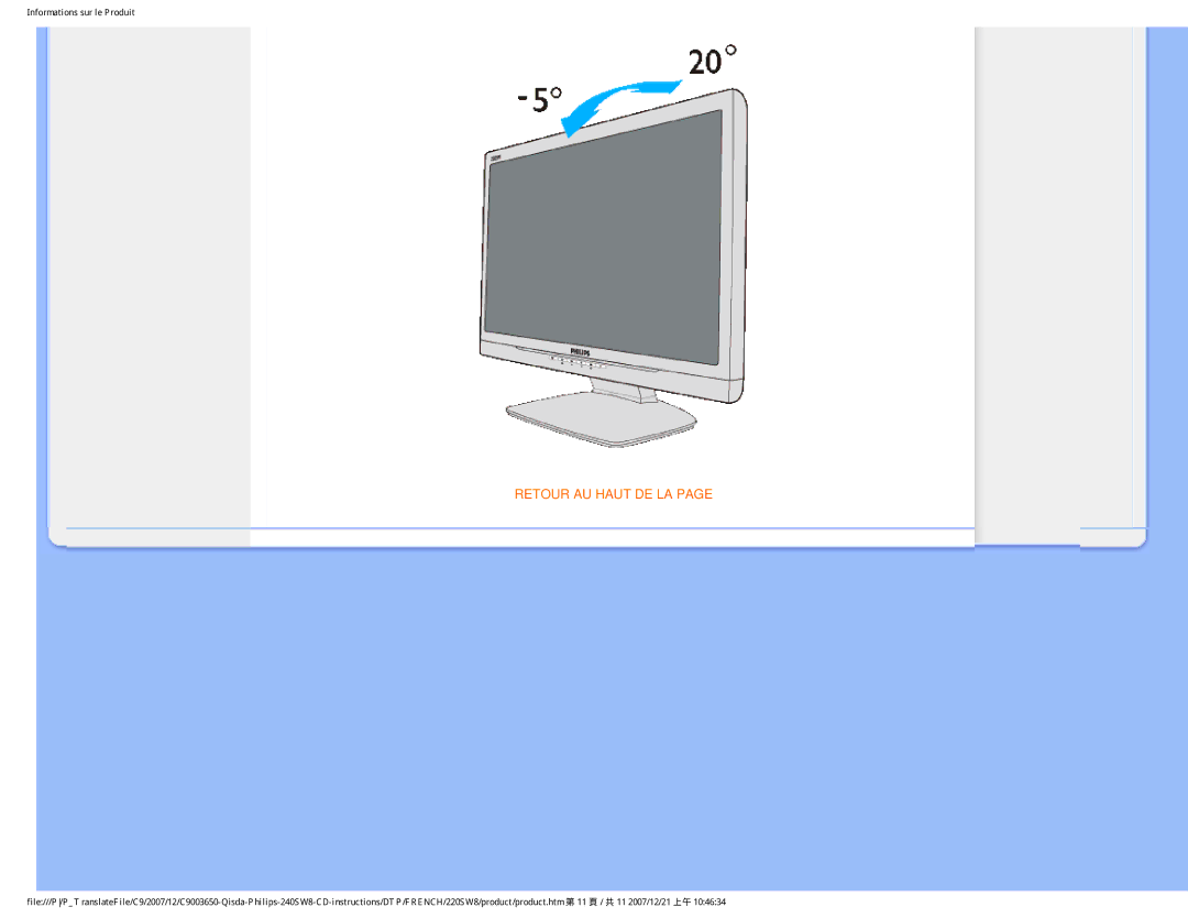 Philips 220SW8 user manual Retour AU Haut DE LA 