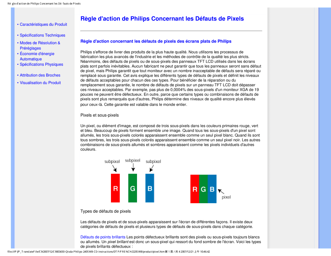 Philips 220SW8 user manual Règle daction de Philips Concernant les Défauts de Pixels, Pixels et sous-pixels 