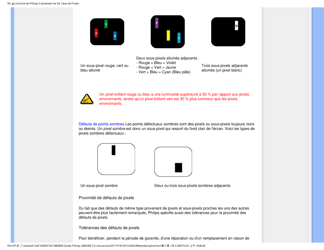 Philips 220SW8 user manual Proximité de défauts de pixels 