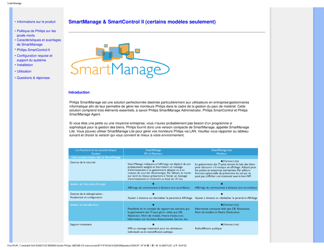 Philips 220SW8 user manual SmartManage & SmartControl II certains modèles seulement 