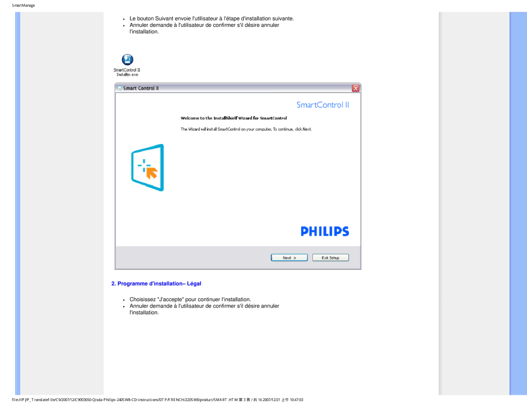 Philips 220SW8 user manual Programme dinstallation- Légal 