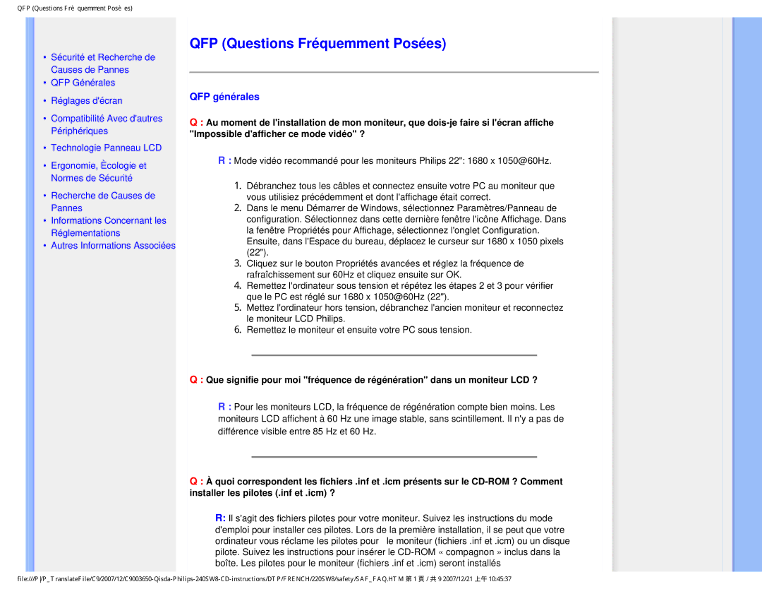 Philips 220SW8 user manual QFP Questions Fréquemment Posées, QFP générales 