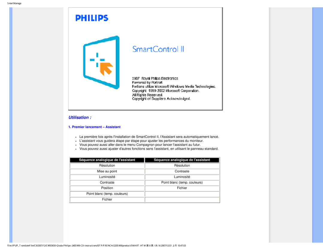 Philips 220SW8 user manual Utilisation, Premier lancement Assistant 