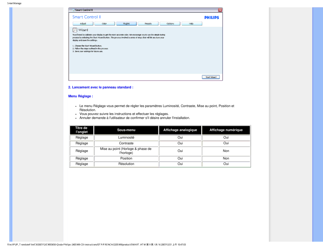 Philips 220SW8 user manual Lancement avec le panneau standard Menu Réglage, Longlet 