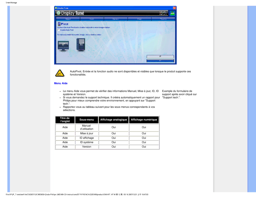 Philips 220SW8 user manual Menu Aide 