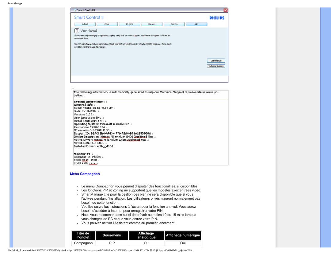 Philips 220SW8 user manual Menu Compagnon, Pip 