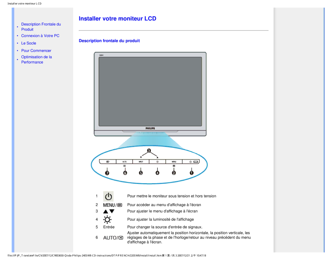 Philips 220SW8 user manual Installer votre moniteur LCD, Description frontale du produit 