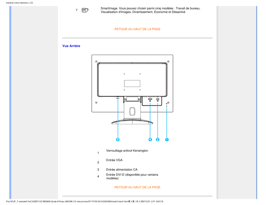 Philips 220SW8 user manual Vue Arrière 