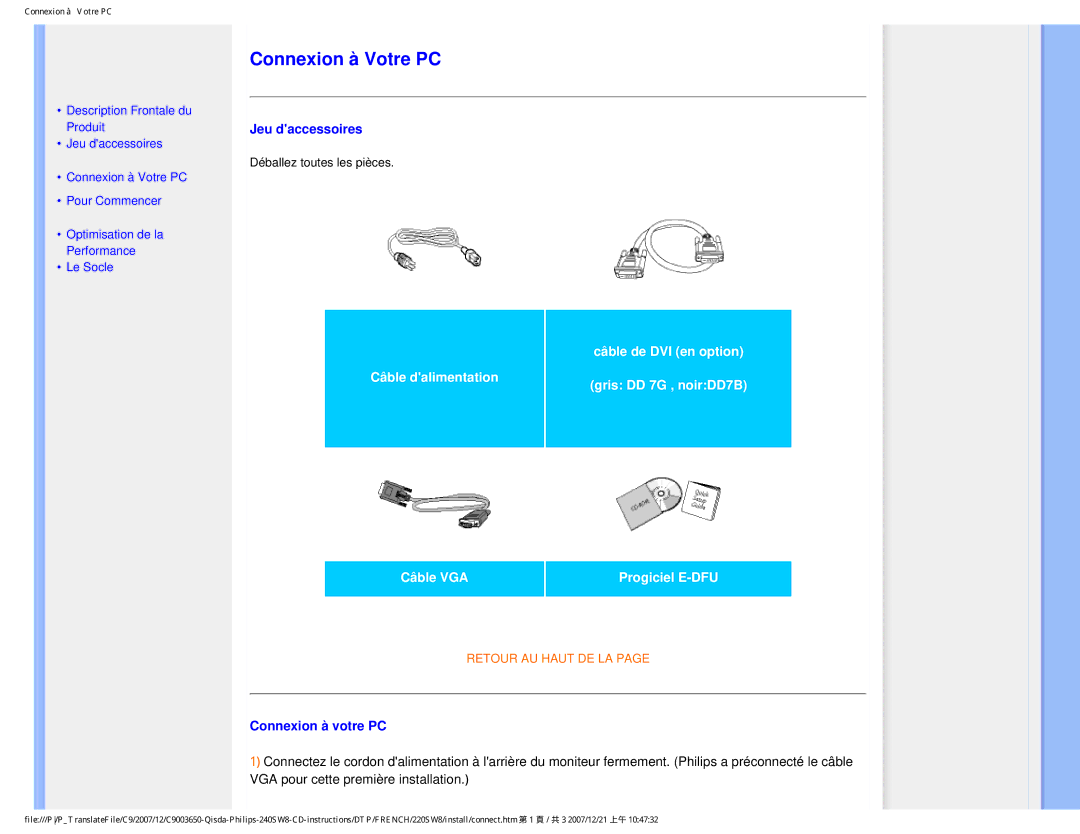 Philips 220SW8 user manual Jeu daccessoires, Connexion à votre PC 