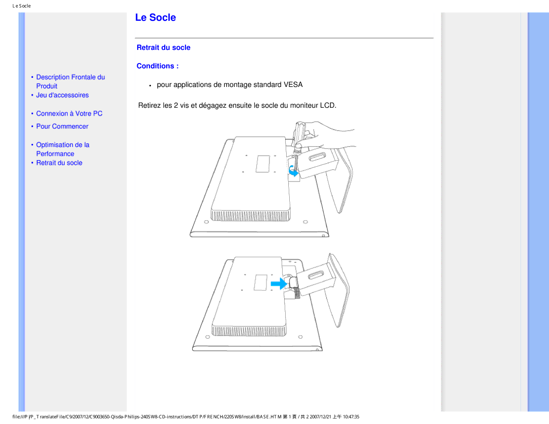 Philips 220SW8 user manual Le Socle, Retrait du socle Conditions 