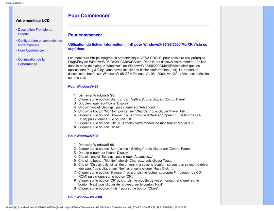 Philips 220SW8 user manual Pour Commencer, Pour Windows 