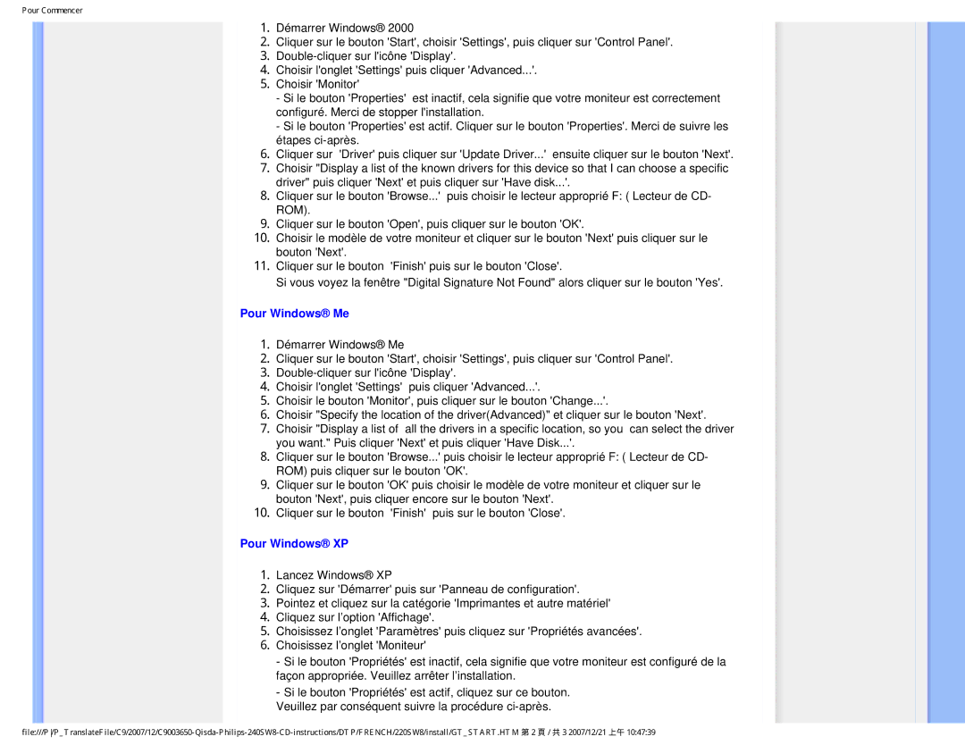 Philips 220SW8 user manual Pour Windows Me, Pour Windows XP 