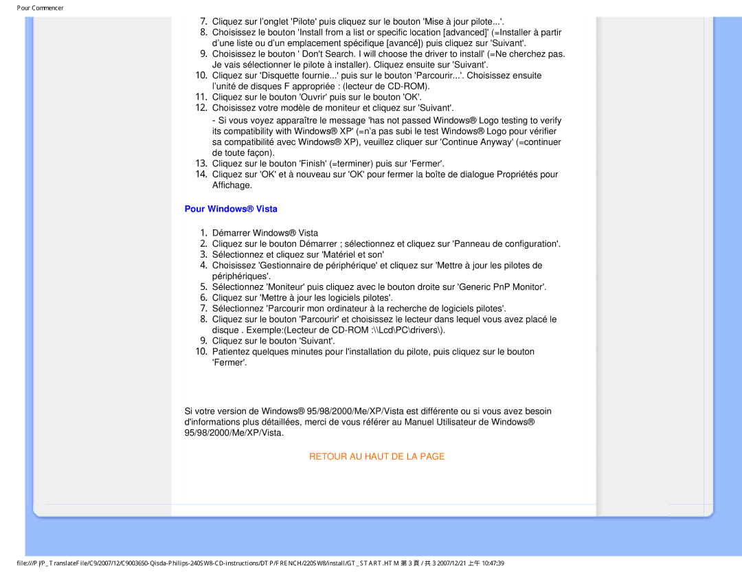Philips 220SW8 user manual Pour Windows Vista 