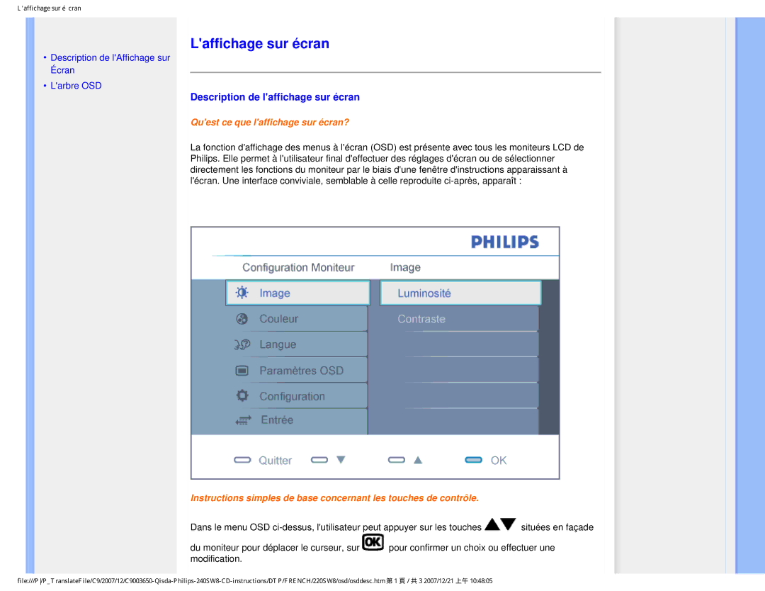 Philips 220SW8 user manual Laffichage sur écran, Description de laffichage sur écran 