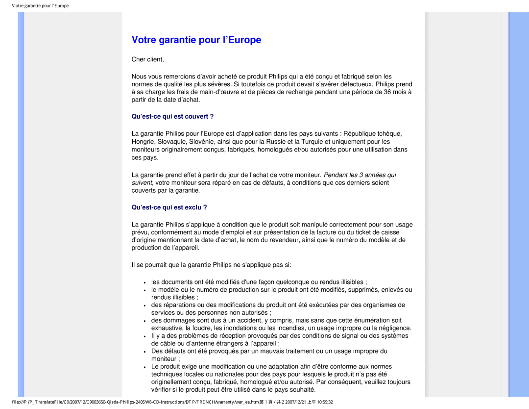 Philips 220SW8 user manual Votre garantie pour l’Europe, Qu’est-ce qui est couvert ? 