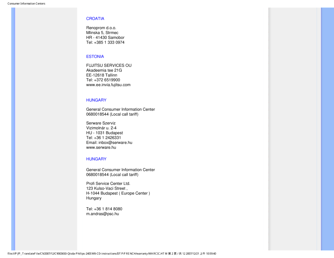 Philips 220SW8 user manual Croatia, Estonia, Hungary 