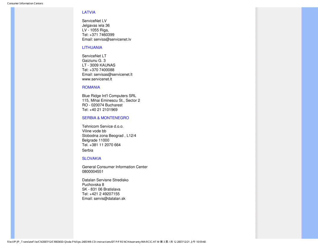 Philips 220SW8 user manual Latvia, Lithuania, Romania, Serbia & Montenegro, Slovakia 