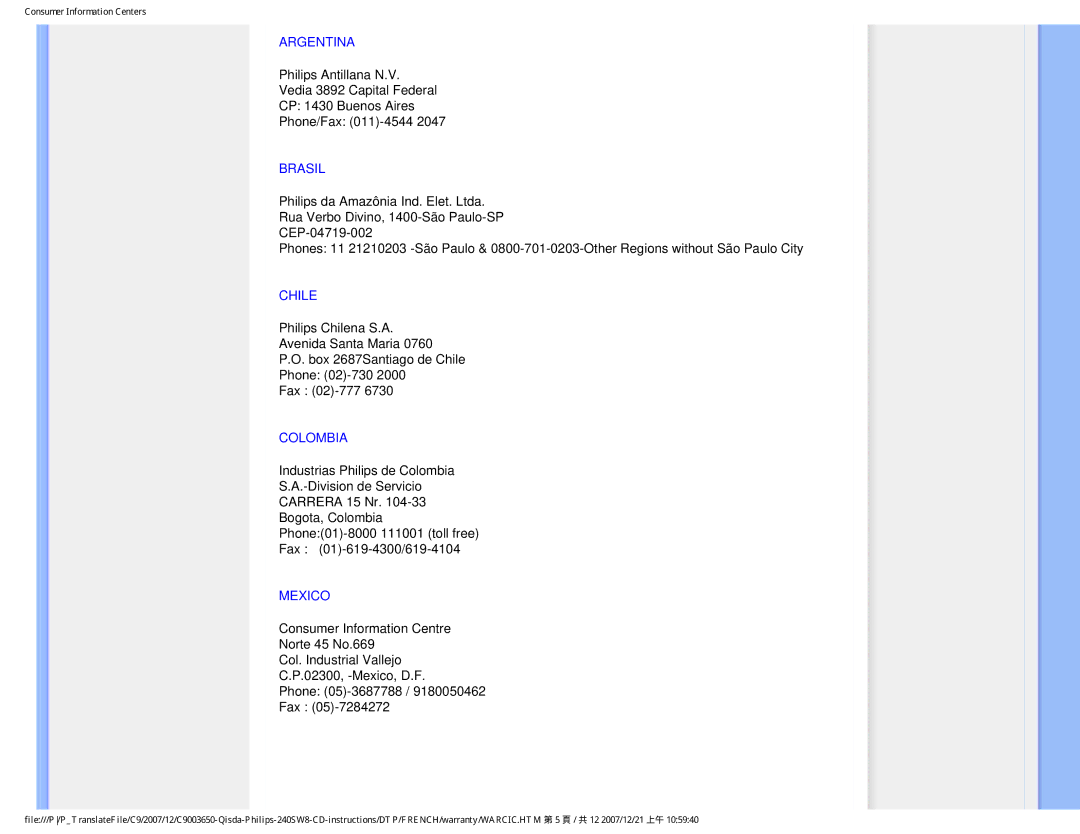 Philips 220SW8 user manual Argentina, Brasil, Chile, Colombia, Mexico 