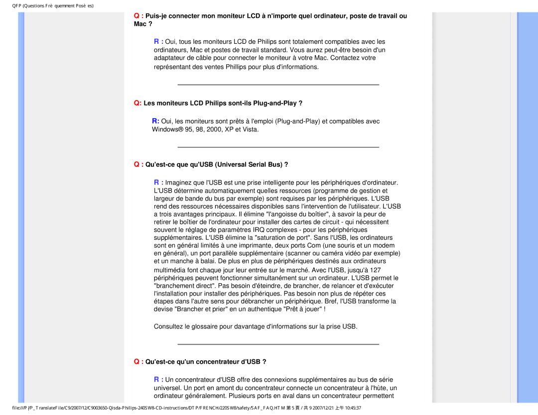 Philips 220SW8 user manual Les moniteurs LCD Philips sont-ils Plug-and-Play ?, Quest-ce que quUSB Universal Serial Bus ? 