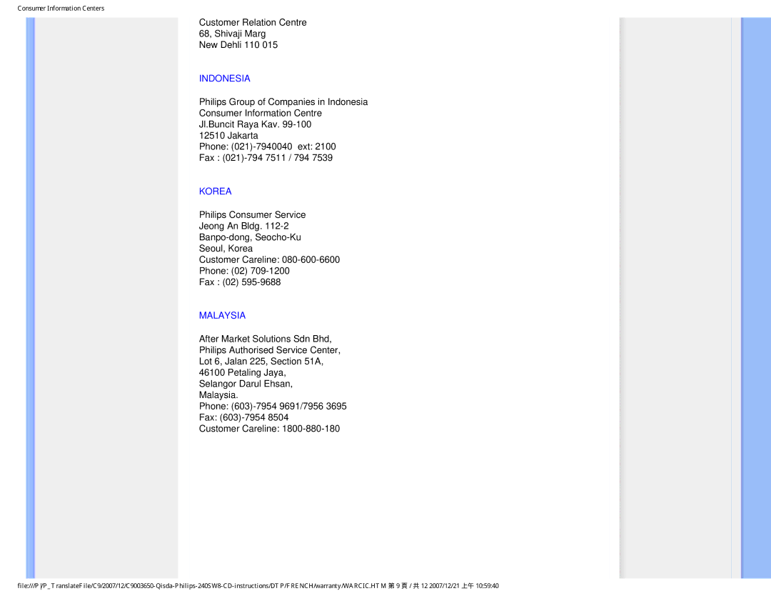 Philips 220SW8 user manual Indonesia, Korea, Malaysia 