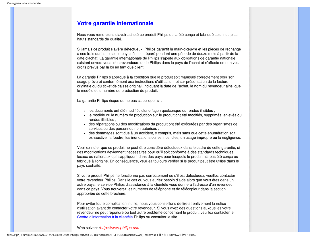 Philips 220SW8 user manual Votre garantie internationale 