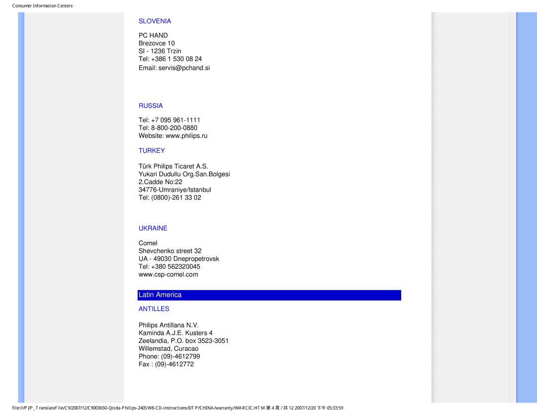 Philips 220SW8 user manual Slovenia, Russia, Turkey, Ukraine, Antilles 