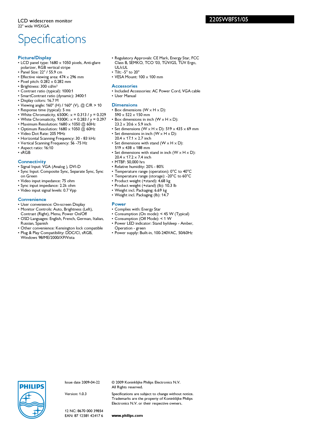 Philips 220SW8FS1/05 manual Specifications 