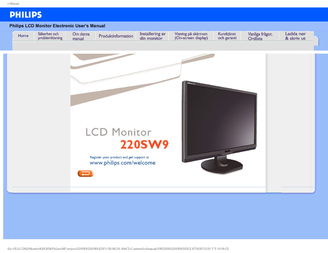 Philips 220SW9 user manual Philips LCD Monitor Electronic User’s Manual 