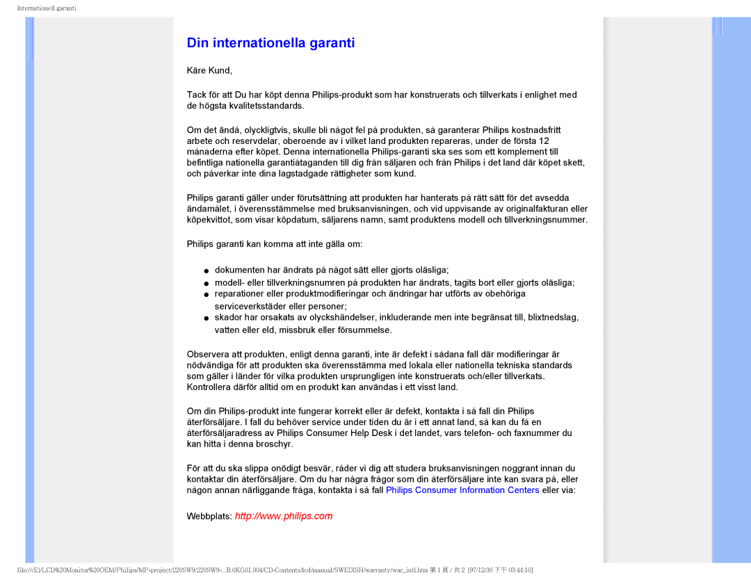 Philips 220SW9 user manual Din internationella garanti 