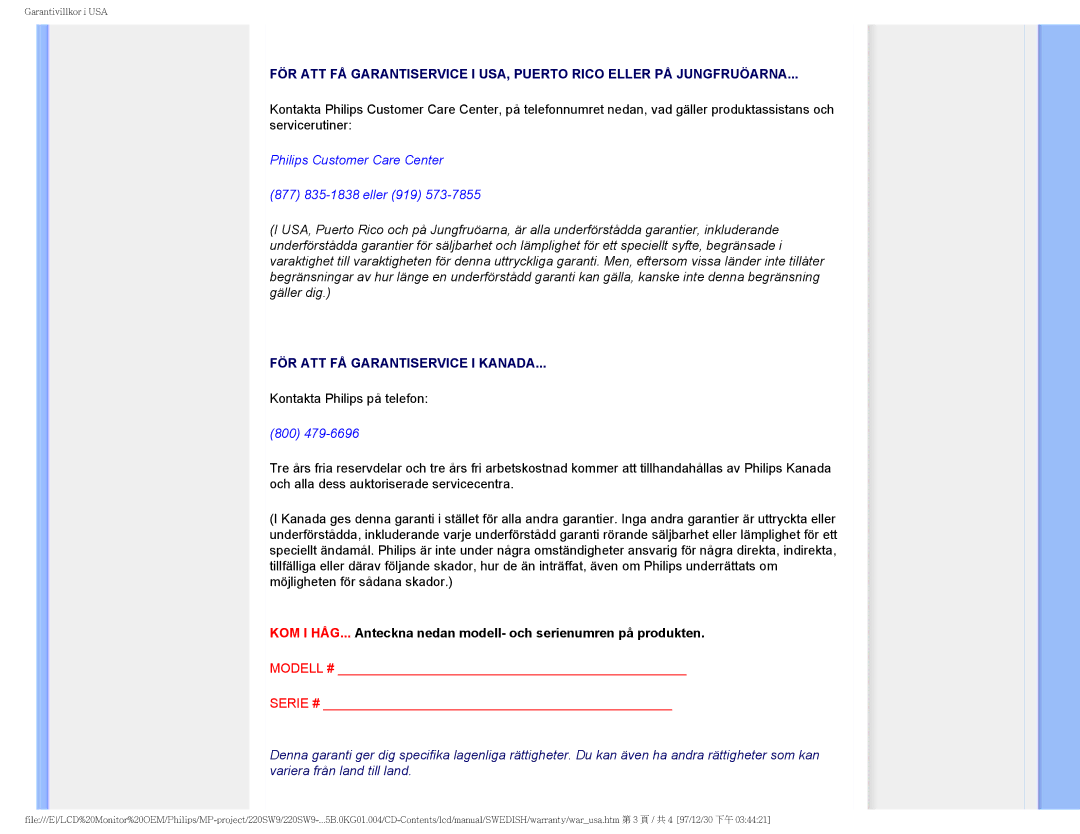 Philips 220SW9 user manual FÖR ATT FÅ Garantiservice I Kanada 