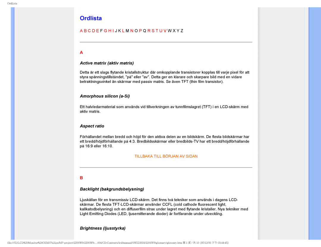 Philips 220SW9 user manual Ordlista 