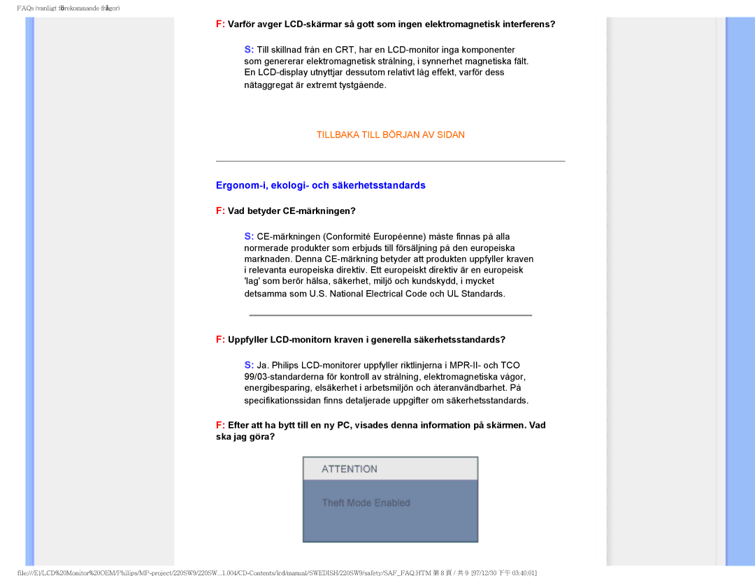 Philips 220SW9 user manual Ergonom-i, ekologi- och säkerhetsstandards, Vad betyder CE-märkningen? 