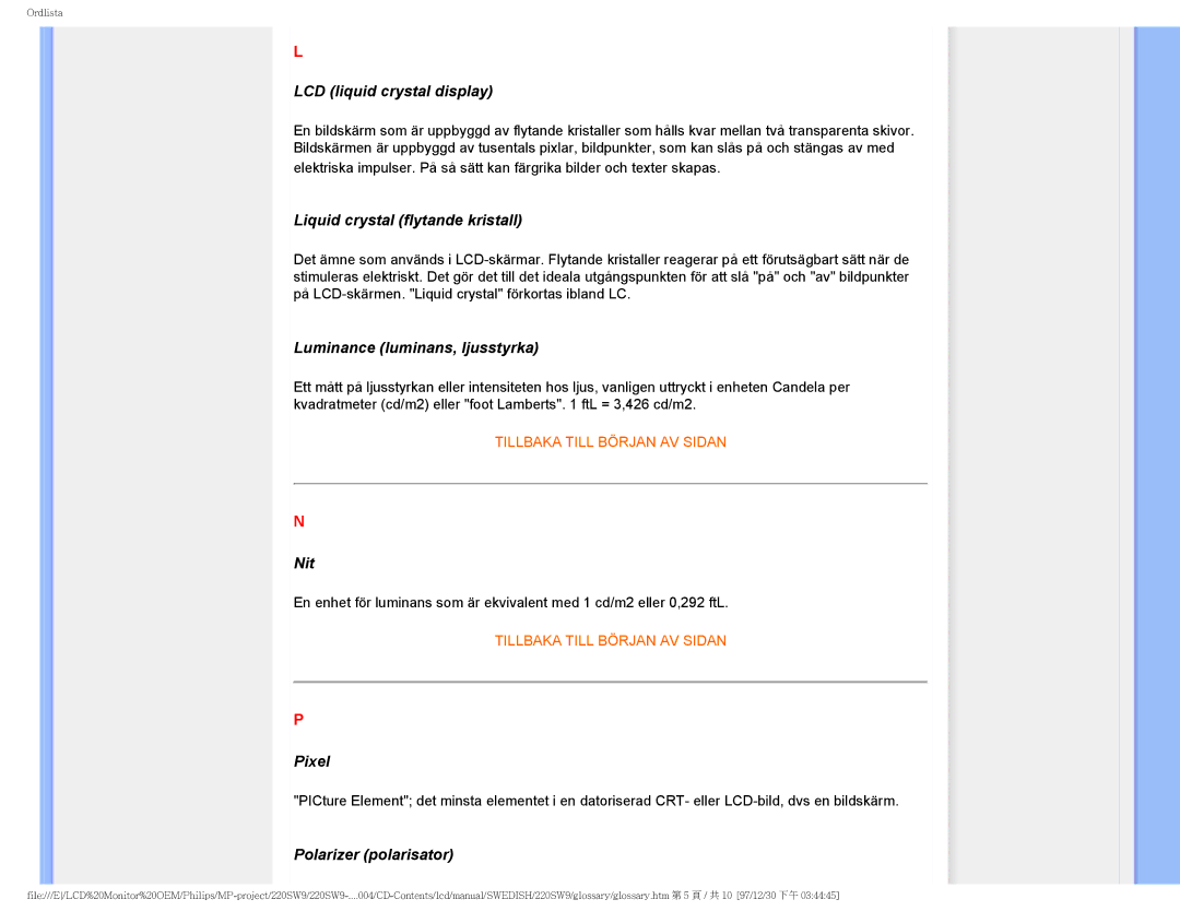 Philips 220SW9 LCD liquid crystal display, Liquid crystal flytande kristall, Luminance luminans, ljusstyrka, Nit, Pixel 