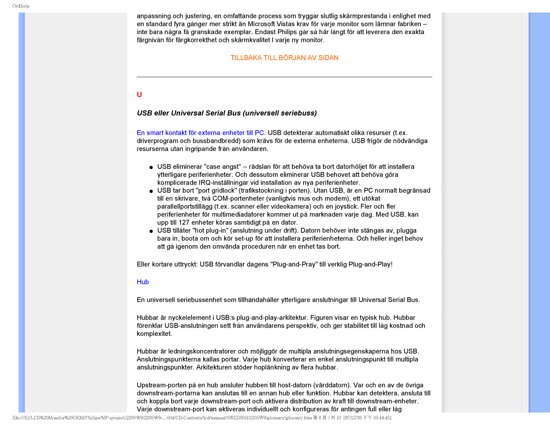 Philips 220SW9 user manual USB eller Universal Serial Bus universell seriebuss, Hub 