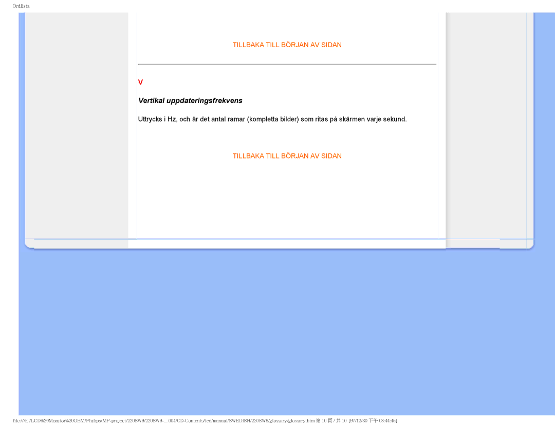 Philips 220SW9 user manual Vertikal uppdateringsfrekvens 