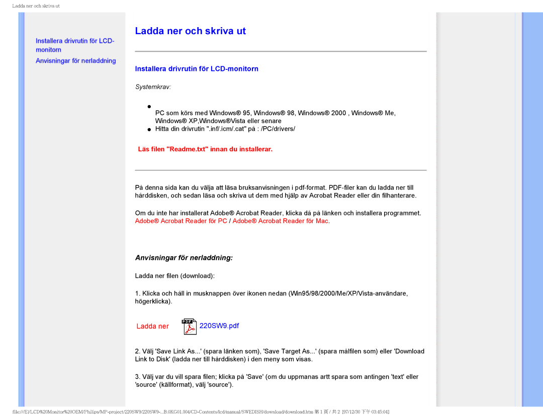 Philips 220SW9 user manual Ladda ner och skriva ut, Installera drivrutin för LCD-monitorn, Anvisningar för nerladdning 