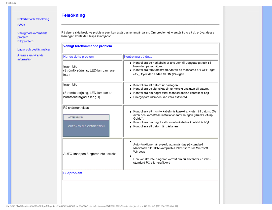 Philips 220SW9 user manual Felsökning 