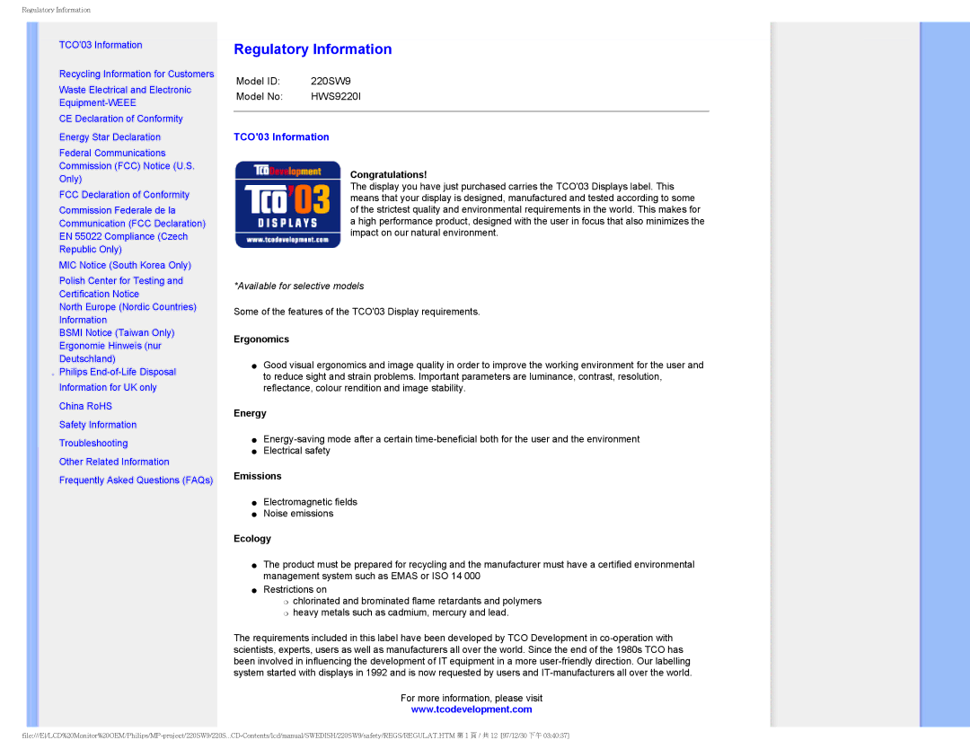 Philips 220SW9 user manual Regulatory Information, TCO03 Information 