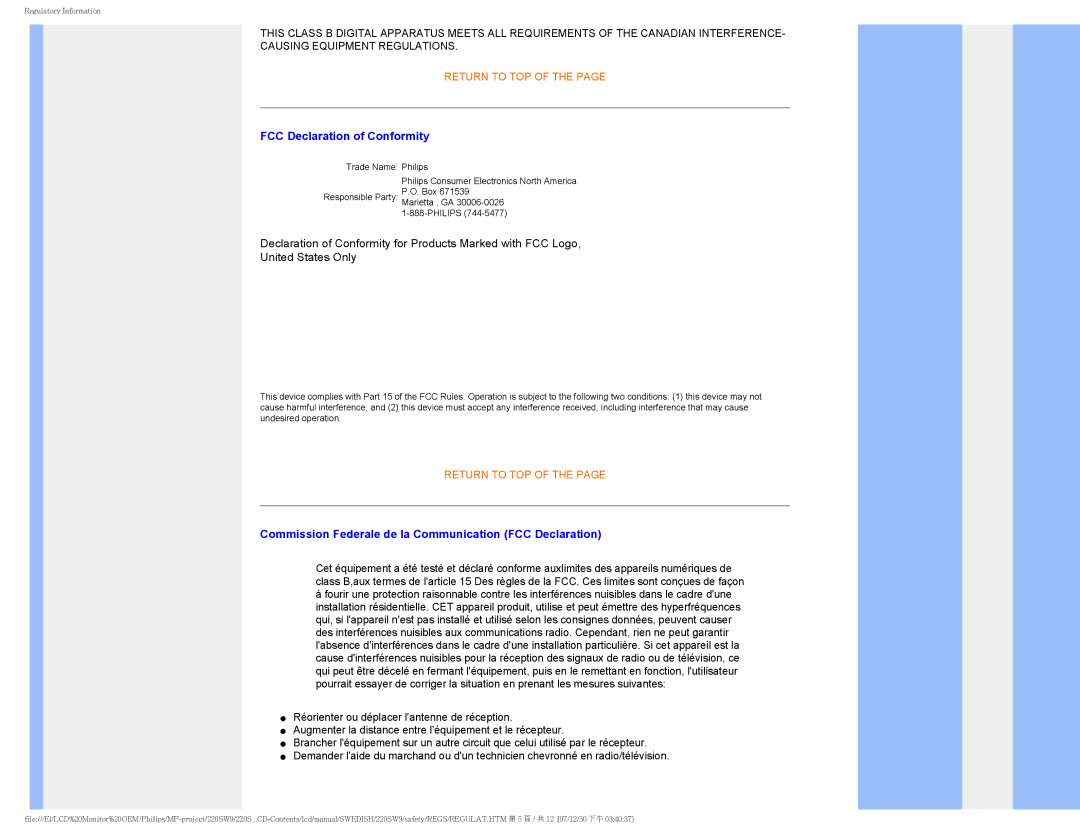 Philips 220SW9 user manual FCC Declaration of Conformity, Commission Federale de la Communication FCC Declaration 