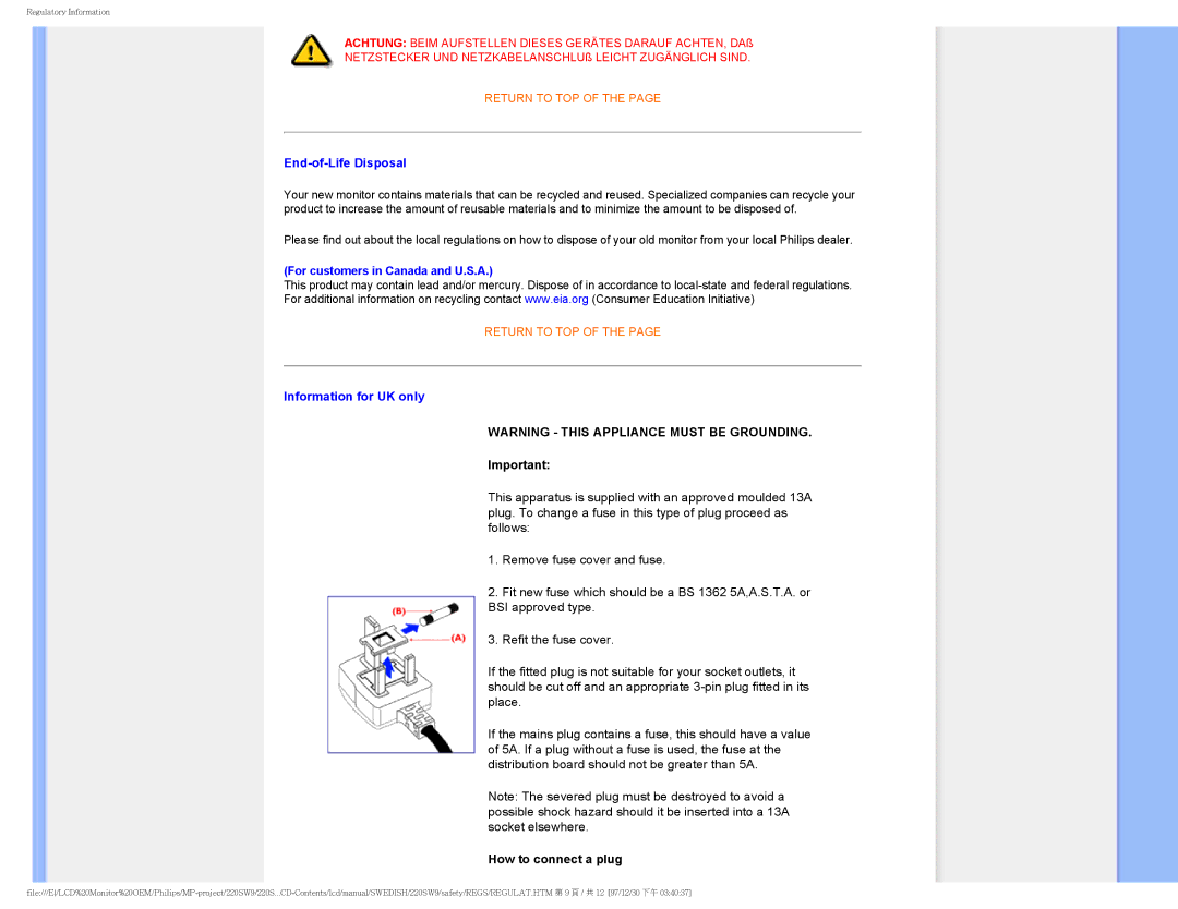 Philips 220SW9 user manual End-of-Life Disposal, Information for UK only 