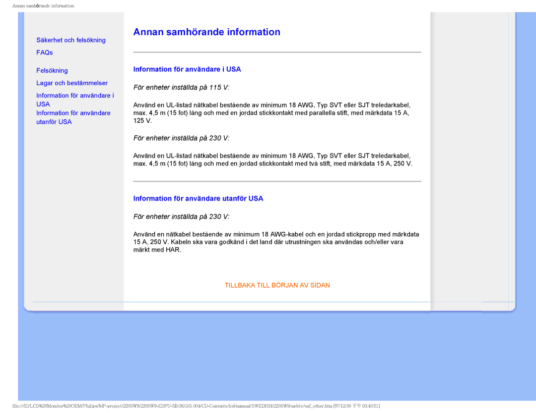Philips 220SW9 Annan samhörande information, Information för användare i USA, Information för användare utanför USA, Usa 