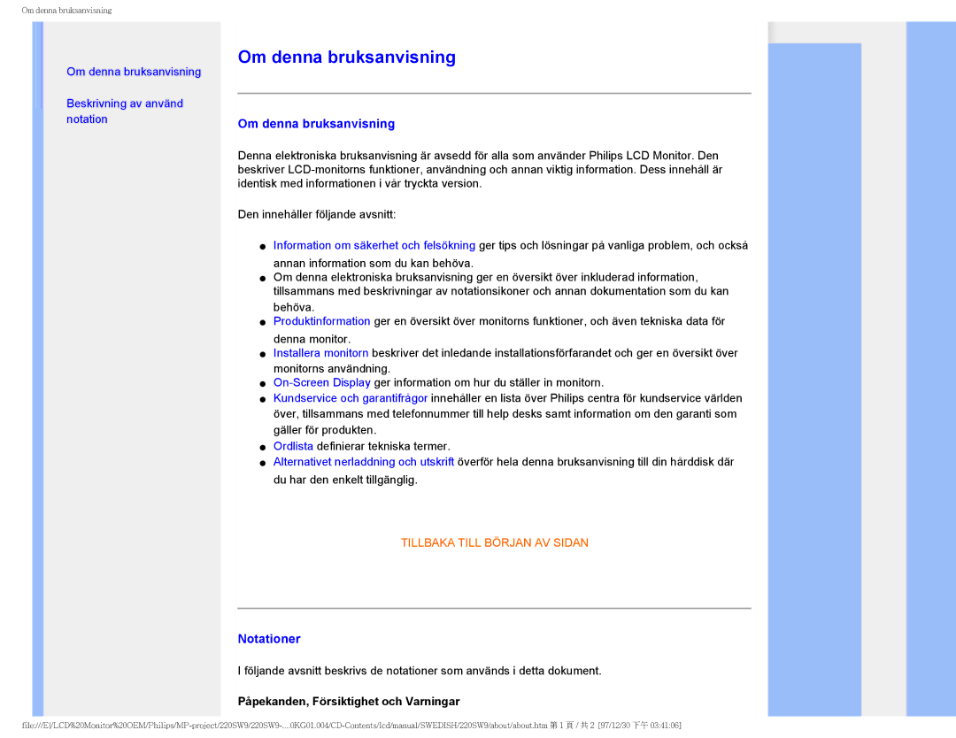 Philips 220SW9 user manual Om denna bruksanvisning, Notationer, Påpekanden, Försiktighet och Varningar 