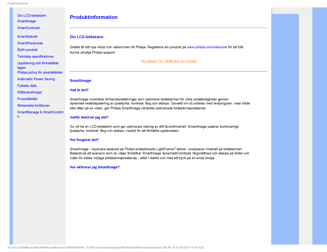 Philips 220SW9 user manual Din LCD-bildskärm, SmartImage 