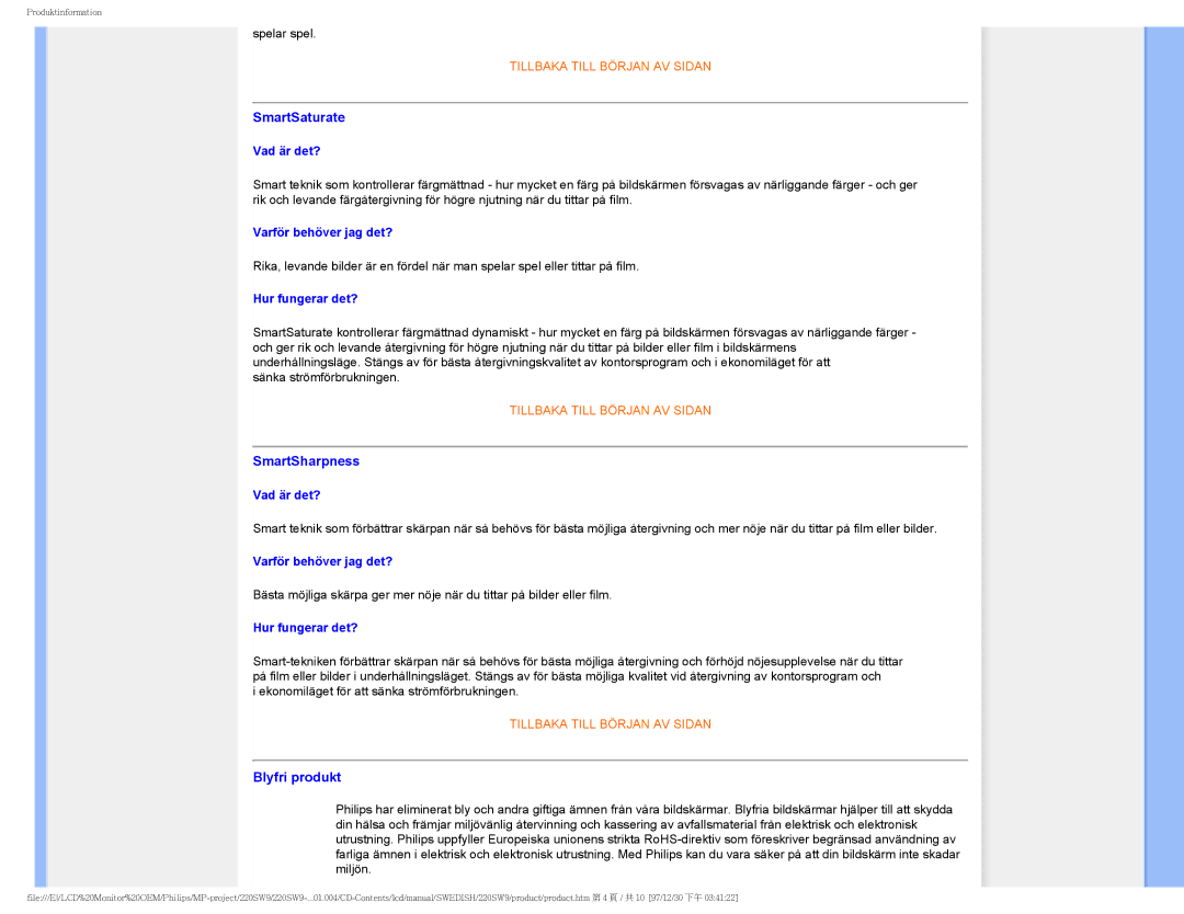 Philips 220SW9 user manual SmartSaturate, SmartSharpness, Blyfri produkt 