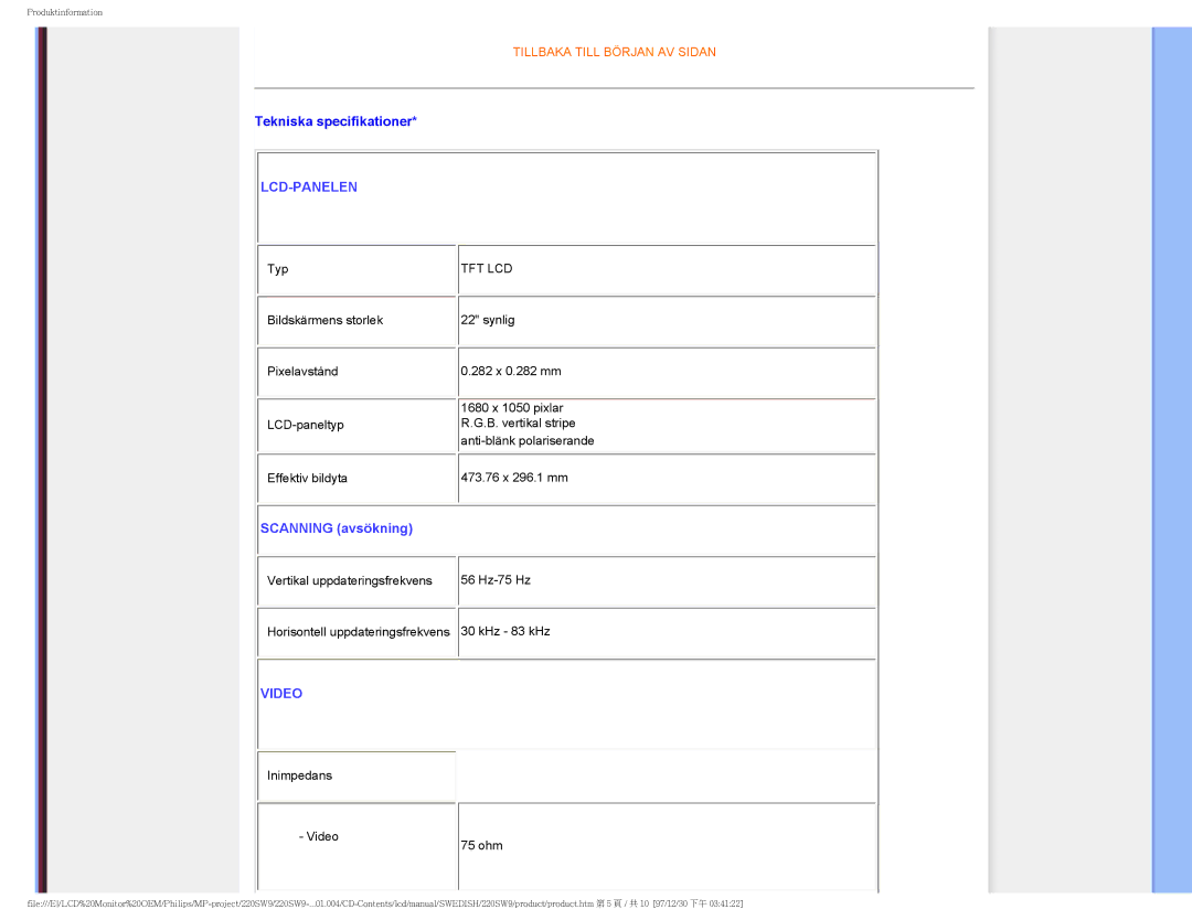 Philips 220SW9 user manual Tekniska specifikationer, Lcd-Panelen 