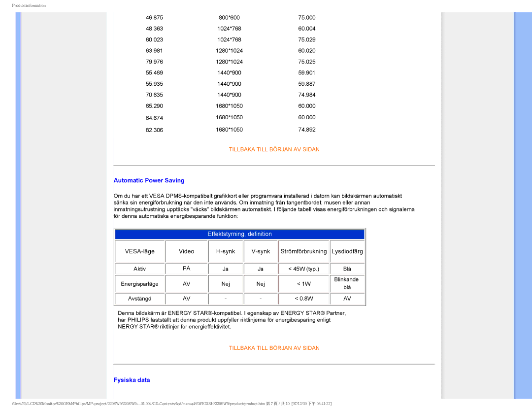 Philips 220SW9 user manual Automatic Power Saving, Fysiska data 