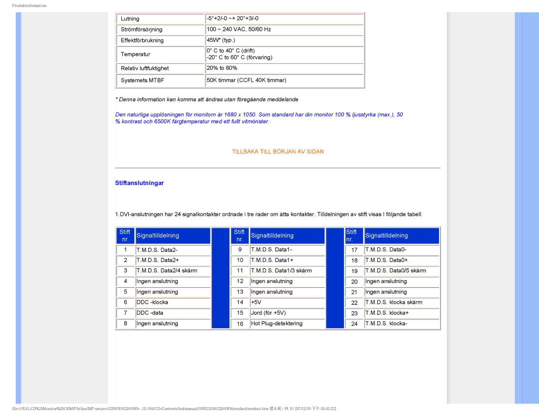 Philips 220SW9 user manual Stiftanslutningar, Stift Signaltilldelning 