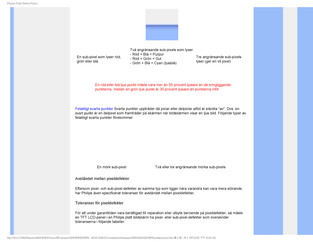 Philips 220SW9 user manual Avståndet mellan pixeldefekter 