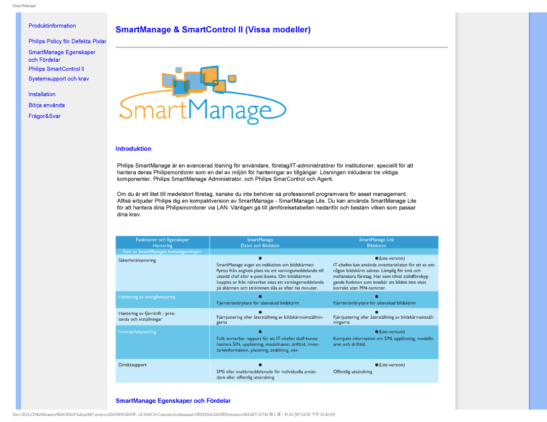 Philips 220SW9 user manual Introduktion, SmartManage Egenskaper och Fördelar 