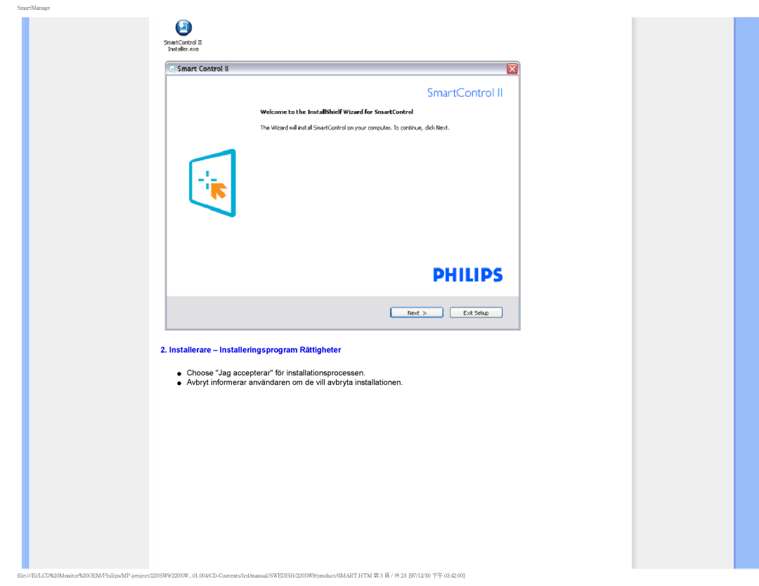 Philips 220SW9 user manual Installerare Installeringsprogram Rättigheter 